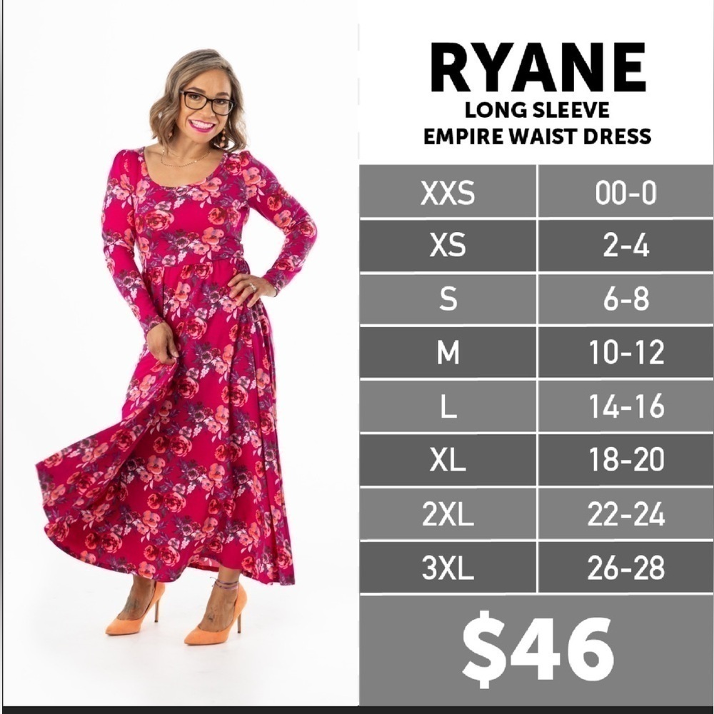 LulaRoe Ryane Dress Long Sleeve High Low Hemline Empire Waist Loose Skirt 0-00 - Picture 3 of 13